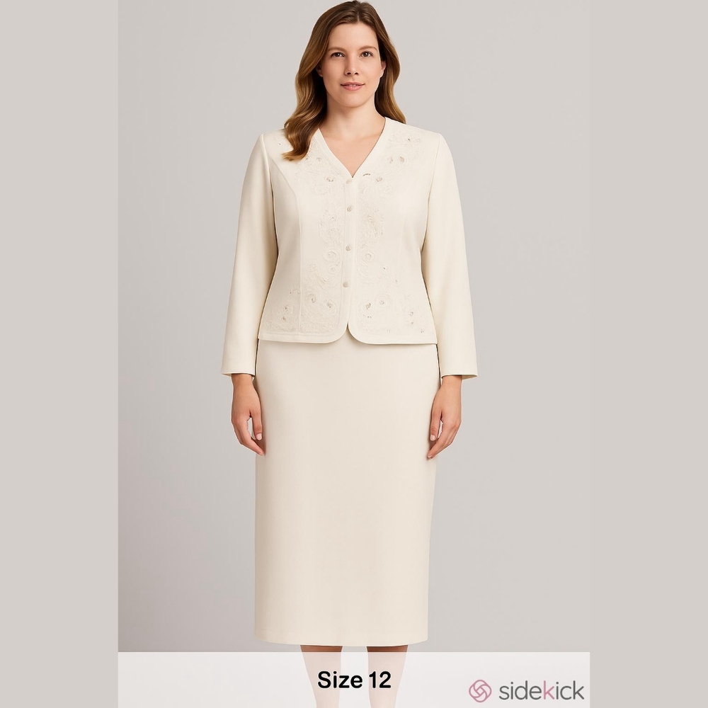 #164  R&M RICHARDS By KAREN WONG, IVORY EMBROIDERED JACKET& LONG SKIRT.Sz.12